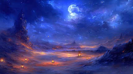 Obraz premium AI Generate A Dreamlike Oil Painting Of A Moonlit Desert With Glowing Sand Dunes