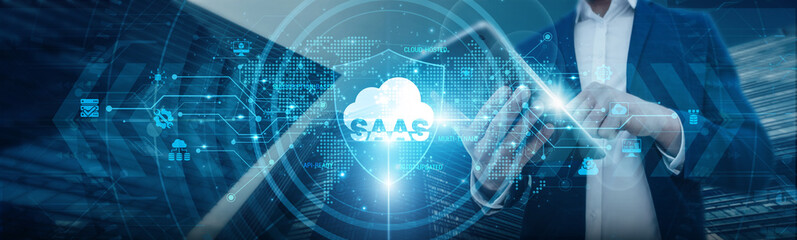 SaaS. Businessmen's connections are protected through Software as a Service (SaaS) security...