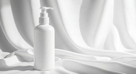 White pump bottle standing on flowing white fabric backdrop, creating a soft and elegant minimalistic composition.