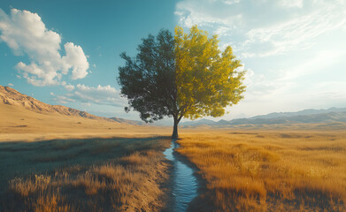 Obraz premium tree standing in an empty field with half green grass and the other side cracked earth, symbolizing environmental change for World Wildlife Day. 