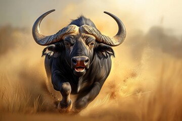 Naklejka premium Powerful African Buffalo Charging Through Dusty Savanna Landscape
