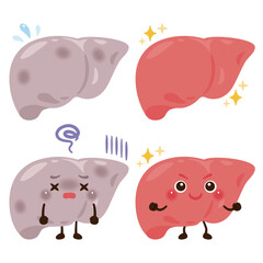 動きが鈍くなっている肝臓のキャラクターと元気な肝臓のキャラクター