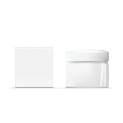 Blank White Box with Cosmetic Cream Jar or Nail Polish Bottle Mockup Vector