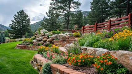 Fototapeten Mountain landscape garden design  vibrant flowers, stone walls, path © Zeva