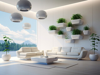 Modern Minimalist Living Room with Mountain View and Indoor Plants