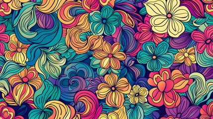 Fototapeta premium Vibrant floral pattern with colorful flowers and swirling leaves on a bright background