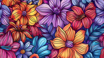 Vibrant floral pattern featuring a variety of colorful flowers in a lush, artistic design