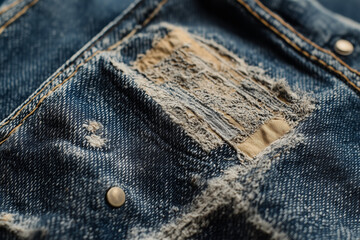 A close-up of a pair of faded blue denim jeans, showcasing the intricate stitching and worn-out patches, with copy space. Soft natural lighting. Urban street background. 