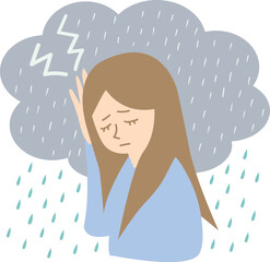 天気痛　気象病　気圧　頭痛　女性　イラスト
