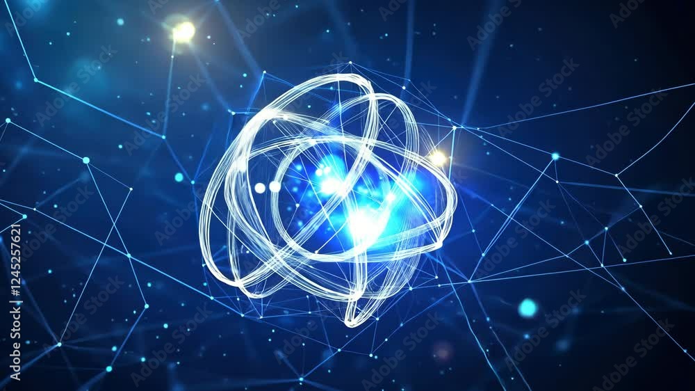 Poster glowing atomic structure with particle movement and light trails
