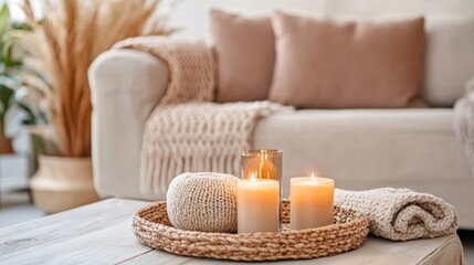Serene Living Room Decor with Soft Textures and Warm Candles
