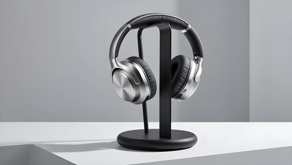 A pair of noise canceling headphones resting on a stand
