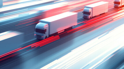 A fleet of delivery trucks on a highway, moving goods efficiently across the country, with smooth roads and a clean sky, with copy space. Bright, soft lighting. Scenic transport background. 