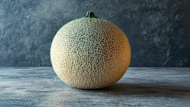 Rotating cantaloupe on textured surface with changing light patterns