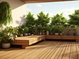 Sunlit Rooftop Balcony Garden with Lush Greenery and Wooden Deck