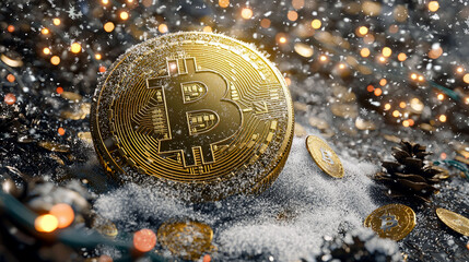 Bitcoin in the Snow: A Festive Crypto Scene. Digital Currency, Finance, Investment, and Blockchain Technology in a Winter Setting.