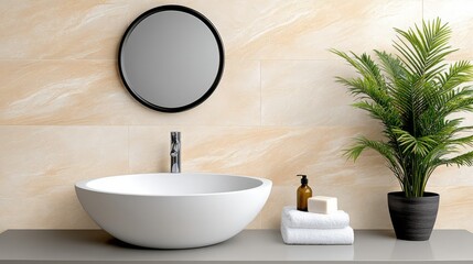 Fototapeta premium Modern bathroom interior with round mirror, minimalist sink, potted plant, soap, and towels on stylish countertop against elegant beige wall tiles