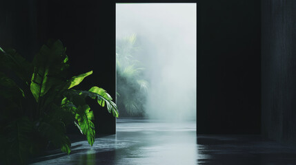Misty doorway with lush green plant