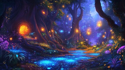 Obraz premium AI Generate A Glowing Enchanted Forest With Bioluminescent Plants Painted In Rich Fantasy Oil Colors