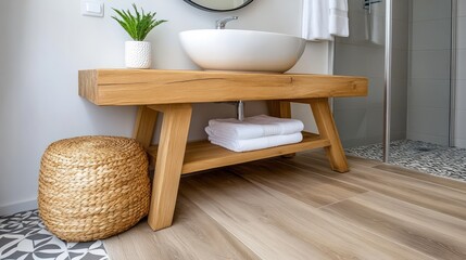 Modern bathroom design featuring wooden vanity, round mirror, white basin, towels on shelf, and flooring with decorative tiles in bright space