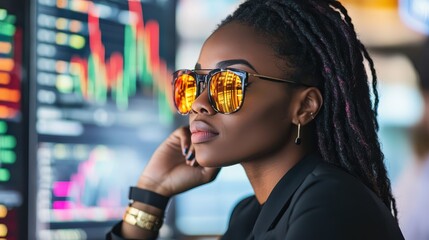 Woman with dreadlocks and orange sunglasses looks thoughtfully at stock market data displayed on a screen. Image ideal for articles about finance, investing, or business success.