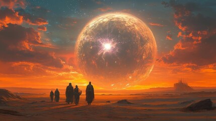 Futuristic Desert Landscape with a Glowing Planet. Generative AI