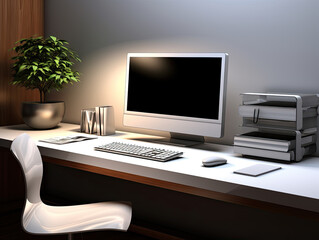 Modern Minimalist Home Office Workspace with Computer and Plant
