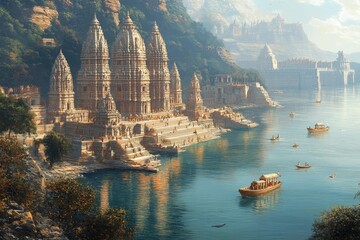 Majestic temple by river, mountain backdrop, boats, sunrise, travel