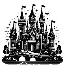 Fototapeta premium Black and White Castle Illustration: A majestic castle stands tall and imposing in a minimalist black and white illustration, its silhouette punctuated by a dramatic backdrop of stars, bats.