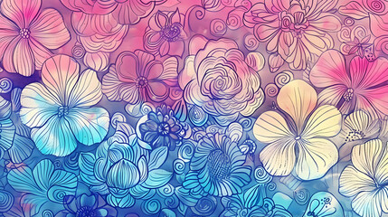 Vibrant floral pattern with intricate designs showcasing various flowers in a colorful gradient background