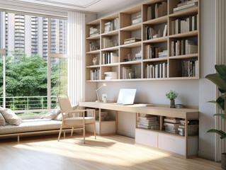 Bright and airy minimalist home office with city view
