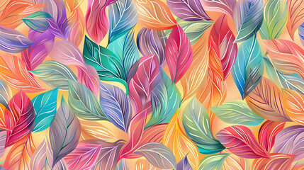 Vibrant, colorful leaf pattern creating a lively background, ideal for nature-themed designs