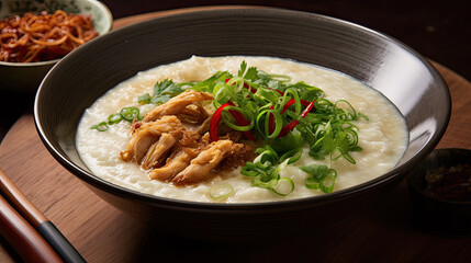 Warm and comforting chicken congee in a rustic bowl