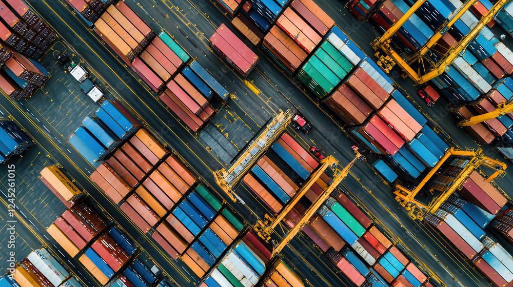 Aufkleber aerial view of busy shipping port with colorful containers and cranes