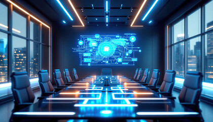 Futuristic Conference Room with Digital Network Display