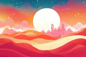 Fototapete Rund Vibrant sunset landscape featuring a silhouette of a distant city against a large moon © Khatyjay
