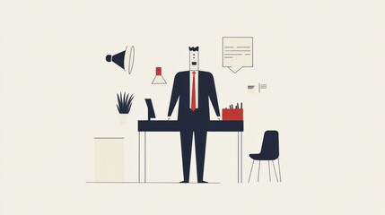 Fototapeta premium Modern office workspace illustration featuring a businessman standing at a desk with various office supplies and decor elements in a minimalist style