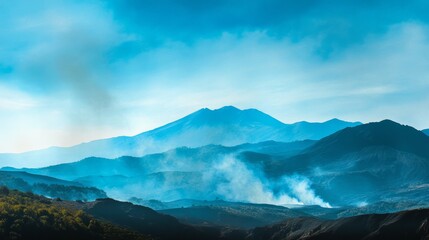 Obraz premium A scenic view of Mount Etna during a minor eruption, with smoke gently rising into a blue sky,