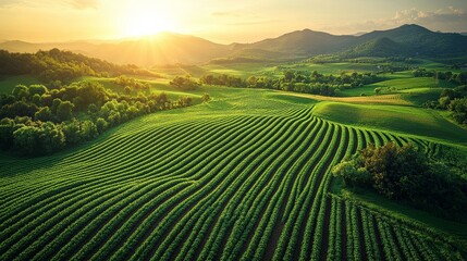 Fototapeta premium Sunlit green fields with rolling hills and mountains at sunset