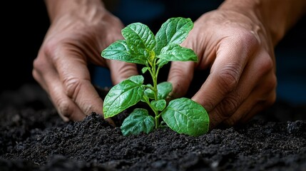Hands planting a seedling in dark soil, environmental conservation