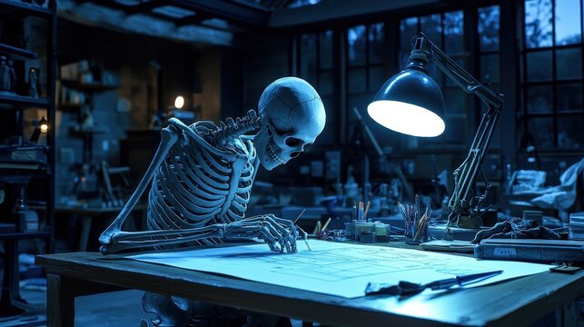 A skeleton hunched over a drafting table, sketching architectural blueprints late at night, with studio lights highlighting the worn-out, meticulous scene