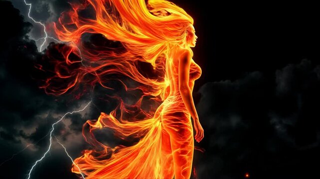 Fire Goddess Woman Dancing in Flames with Lightning. Mystical woman figure with flowing fire hair and dress made of flames dancing in a thunderstorm. Digital art combining elements of fire and lightni