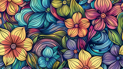 Vibrant floral pattern featuring colorful flowers and swirling leaves in a seamless design