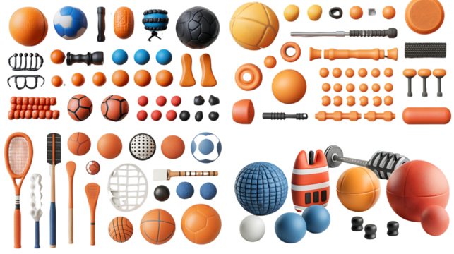 a colorful collection of various sports and fitness equipment. The assortment includes balls, rackets, weights, and other tools.