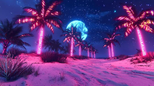 Neon palm trees lining a sandy beach pathway under a glowing full moon and starry night sky. Futuristic and tropical concept