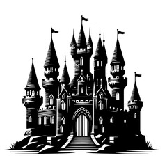 Castle Silhouette: A majestic fairytale castle with towering spires and a grand entrance stands tall in a dramatic silhouette, inviting dreams of adventure, magic, and wonder. 