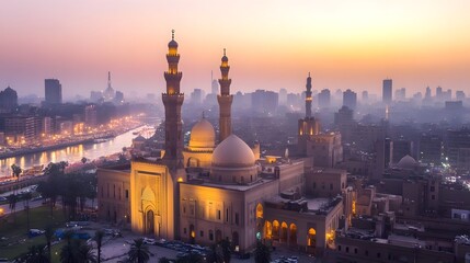 Fototapeta premium A stunning sunset view of Cairo's skyline featuring illuminated mosques along the riverbank