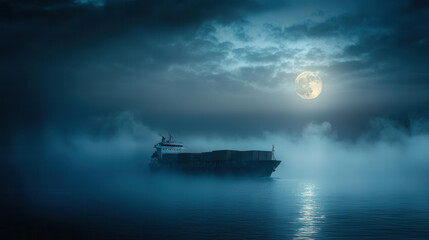 Obraz premium cargo ship sailing under full moon, surrounded by misty waters, creates serene and mysterious atmosphere