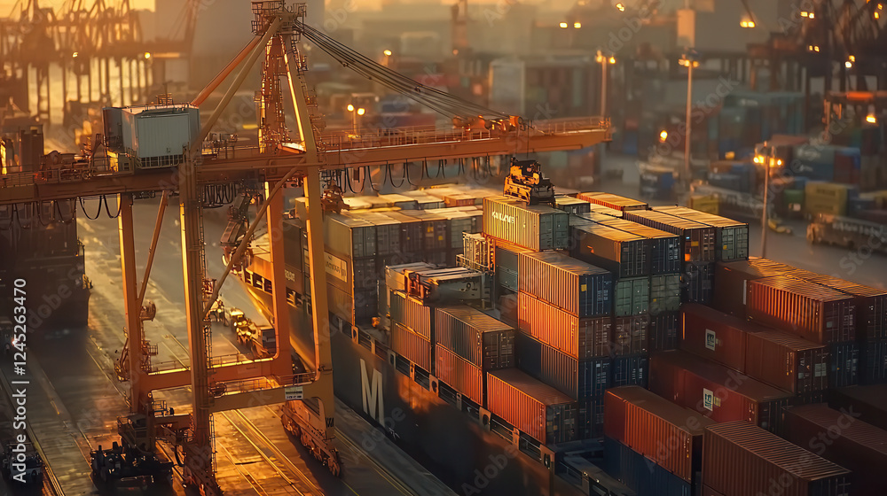 Poster port crane loading colorful containers at sunset, creating vibrant scene