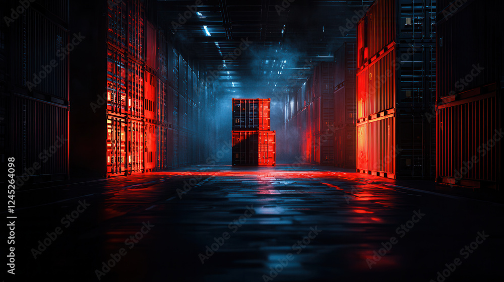 Poster dramatic view of cargo area with stacked containers illuminated by red light, creating mysterious at